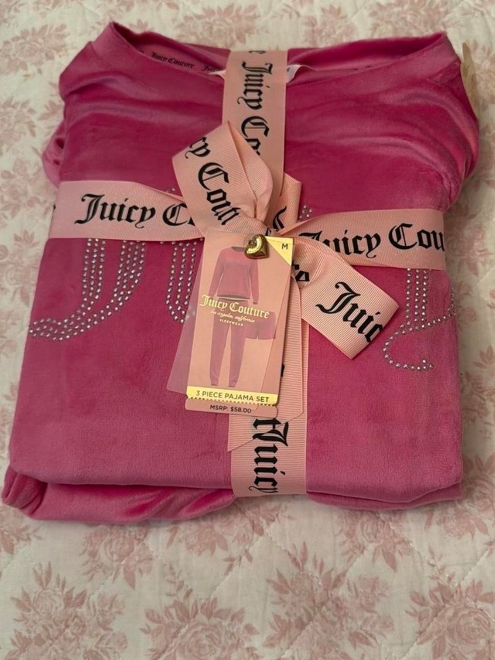 Juicy Couture Pink Velour Pajama 3 Piece Set with Rhinestone Logo! 🩷